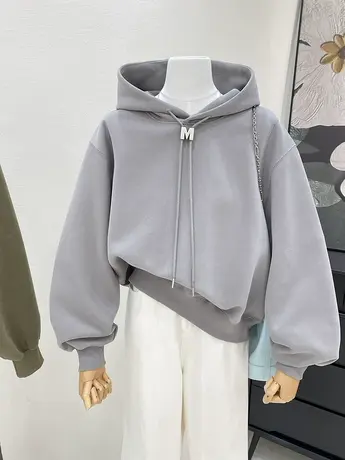 连帽卫衣女2023新款秋装简约纯色宽松设计感抽绳长袖休闲上衣外套图片