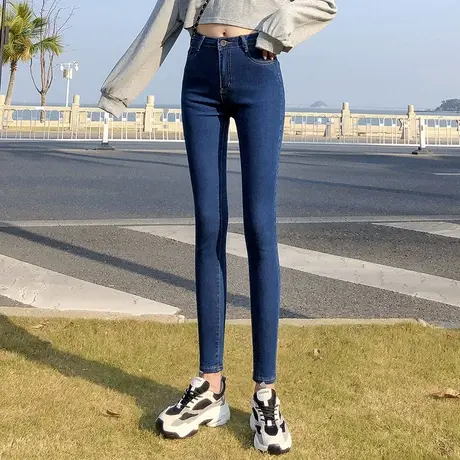 高腰牛仔裤女春秋新款小脚裤子修身显瘦紧身铅笔裤收腹提臀九分裤商品大图