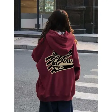 港味chic酒红色卫衣女秋冬加绒大码外套hiphop宽松潮ins休闲帽衫图片