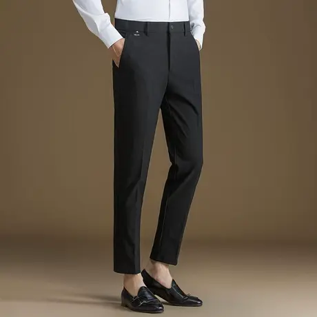 POWO男士休闲西裤春季小脚修身刺绣西服裤微弹商务正装西装裤图片