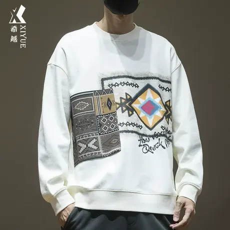 希越秋冬民族风印花刺绣卫衣男款宽松大码圆领ins潮流内搭打底衫商品大图