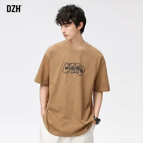 男士卡其色美式t恤男重磅纯棉宽松发泡印花短袖夏季半袖2023新款商品大图
