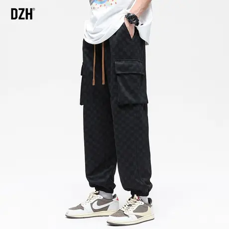 男士黑色棋盘格工装裤男束脚秋冬新款裤子2023新款休闲裤宽松百搭商品大图