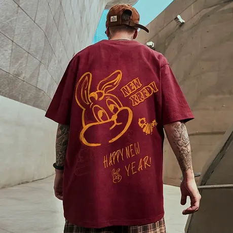 红色短袖t恤男胖子2025新款纯棉夏季青少年百搭大码衣服半袖D潮流商品大图