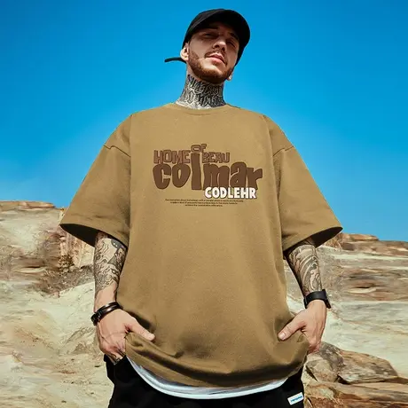 重磅加肥加大胖子短袖t恤街头大码卡其色圆领纯棉简约字母半袖男商品大图