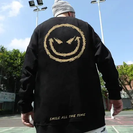 小恶魔笑脸加肥加大卫衣男圆领鬼脸印花潮牌加绒套头胖子秋冬季潮商品大图