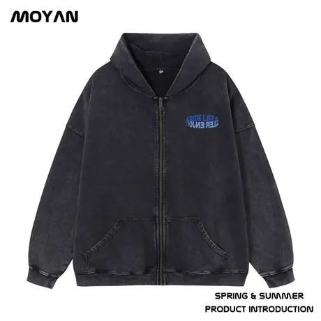 加肥加大码男装连帽胖子外套拉链做旧卫衣宽松加绒休闲百搭春秋款商品大图