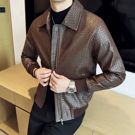 美拉德OOTD翻领皮衣男秋冬短款休闲夹克外套男士网格编织皮夹克潮图片