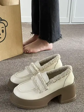 白色小皮鞋女款秋冬季加绒厚底粗跟防水台高跟毛毛鞋增高玛丽珍鞋商品大图