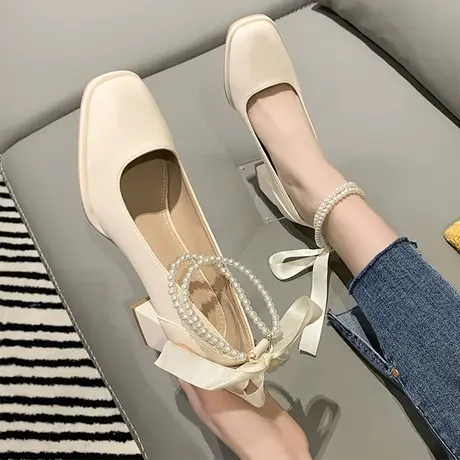 白色绑带高跟鞋女2025年春季新款珍珠一字带粗跟女鞋法式仙女单鞋商品大图