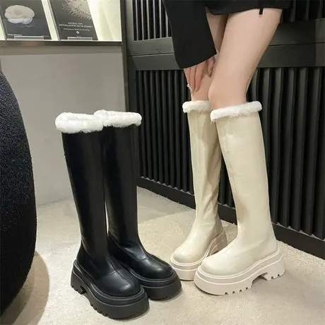 粗跟小众不过膝长筒靴女2023年新款高筒毛毛靴厚底保暖显瘦骑士靴商品大图