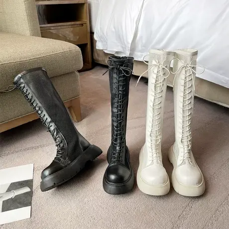 厚底网纱骑士靴女2024年新款夏季薄款镂空凉靴高筒透气系带长靴子商品大图