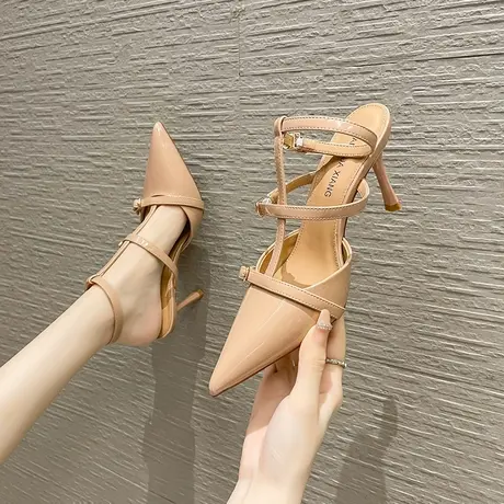 2024年夏季新款仙女风一字扣带尖头高跟鞋女细跟时尚性感后空凉鞋商品大图