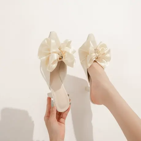 尖头名媛风高跟鞋女细跟2022年夏季新款法式气质包头蝴蝶结半拖鞋商品大图