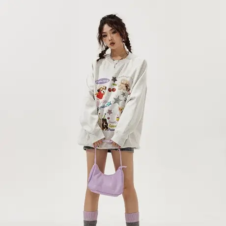 YEP卡通印花圆领卫衣女春秋2024新款复古潮牌无帽上衣oversize商品大图