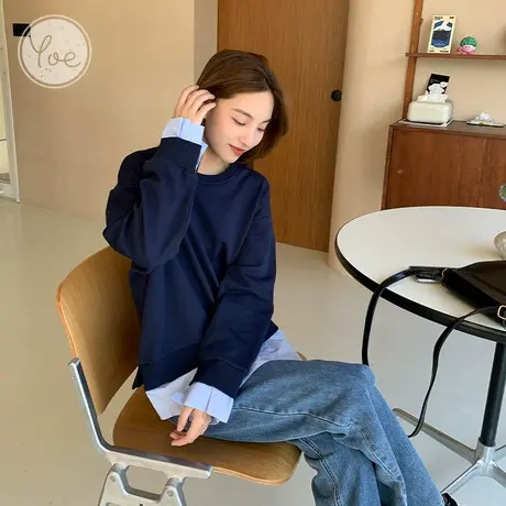 yoe拼接假两件卫衣女23秋装设计感复古上衣圆领chic港风减龄翻边商品大图