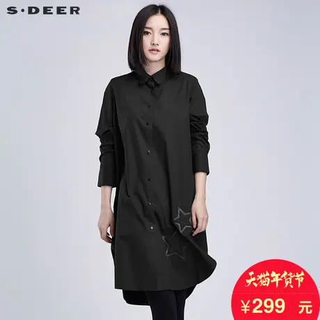 sdeer圣迪奥2018春装酷黑纯色长款圆摆A字五角星衬衫女S16380586图片