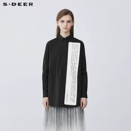 sdeer圣迪奥女装春秋装休闲翻领字母中长款黑色衬衫女S21380515图片