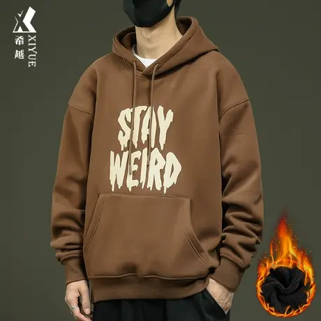 美式重磅420g咖色连帽卫衣男士冬季加绒加厚宽松大码套头打底衫男商品大图