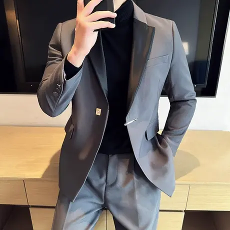 美式塔式多青果领婚礼主持人礼服男套装痞帅双排扣斜襟设计西服潮图片