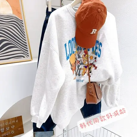 韩代秋冬款加绒卫衣羊羔绒内里卡通减龄可爱遮屁股中长款上衣大码商品大图