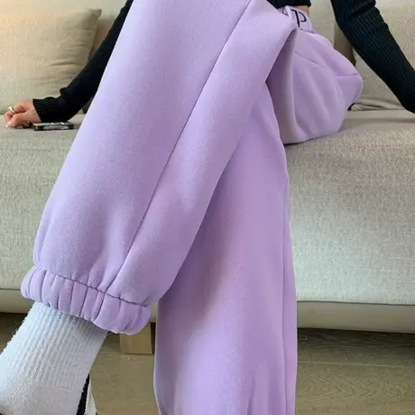 加绒裤子女秋冬款紫色卫裤休闲裤小个子运动裤棉裤外穿羊羔绒超厚商品大图