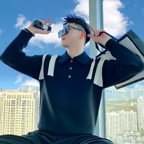 潮牌毛衣男秋冬2023新款ins简约休闲轻熟撞色POLO领针织打底线衣商品大图