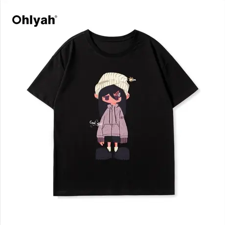 Ohlyah2024春夏新款纯棉圆领印花短袖T恤男女同款学院风情侣上衣图片