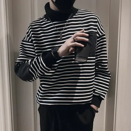 秋季男士卫衣外套高领宽松套头百搭学生潮牌潮流时尚休闲条纹外套商品大图