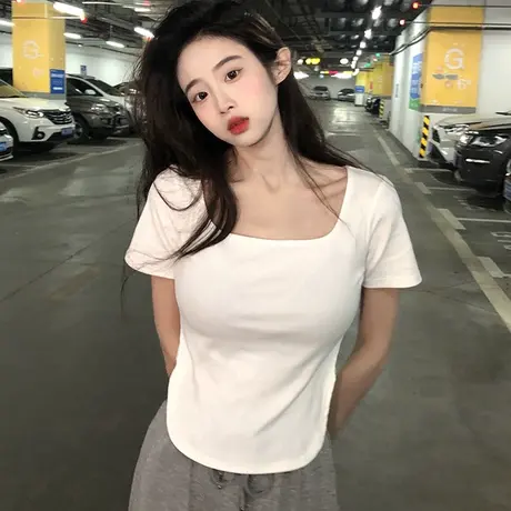 方领短袖t恤女2024年夏季新款纯欲白色短款不规则设计感小众上衣商品大图