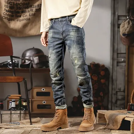 复古耐磨牛仔裤男款修身小直筒长裤潮流韩版百搭破洞裤子潮牌男裤图片