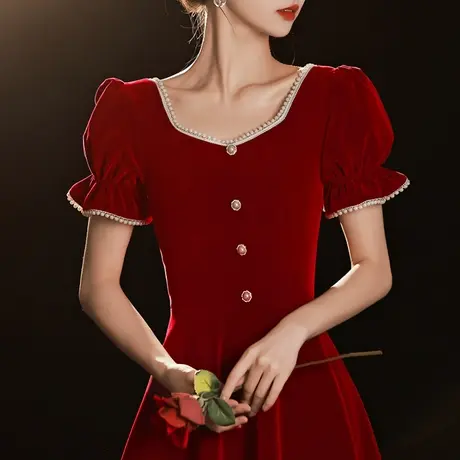 订婚连衣裙红色礼服敬酒服女夏季薄款平时可穿小个子新娘结婚法式商品大图