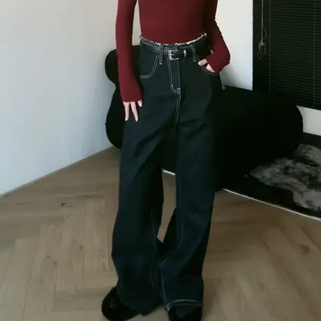 尔给水洗宽松直筒高腰美式复古牛仔裤2023年新款女小个子阔腿裤图片