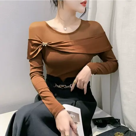 设计感网纱拼接蝴蝶结圆领长袖打底衫气质减龄上衣女修身百塔T恤图片