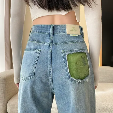 浅色高腰破洞牛仔裤女春秋季新款直筒宽松显瘦垂感百搭拖地阔腿裤商品大图