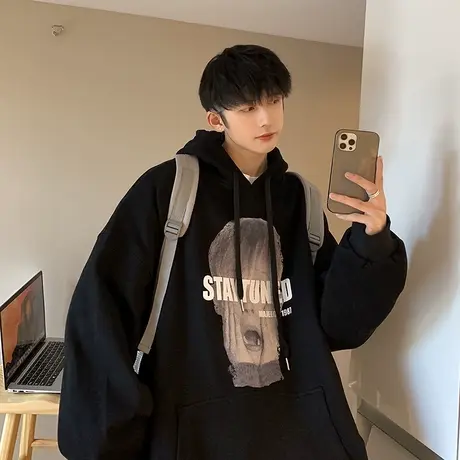 春秋新款复古欧美小孩印花慵懒风连帽卫衣男潮牌宽松情侣百搭上衣商品大图