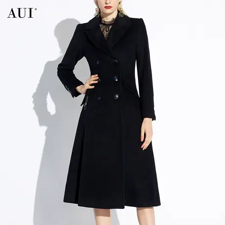 AUI黑色赫本风高端羊毛毛呢外套女2024早春新款过膝长款呢子大衣图片