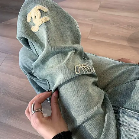 美式街头刺绣牛仔裤女2024春秋新款高腰显瘦宽松垂感直筒阔腿长裤商品大图