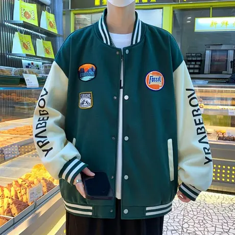 棒球服男款春秋季撞色拼接夹克外套男秋冬潮牌青少年开衫卫衣褂子图片