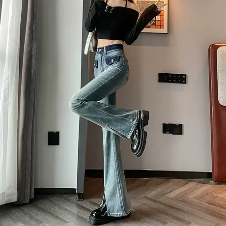 开叉微喇牛仔裤女春秋2024新款高腰撞色复古显瘦复古设计感喇叭裤商品大图