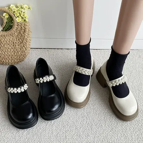 法式粗跟玛丽珍鞋女2024新款小个子厚底增高单鞋配裙子浅口小皮鞋商品大图