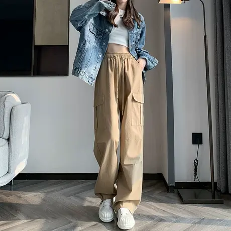 美式阔腿工装裤女春秋2024新款高腰宽松显瘦卡其色抽绳直筒休闲裤图片