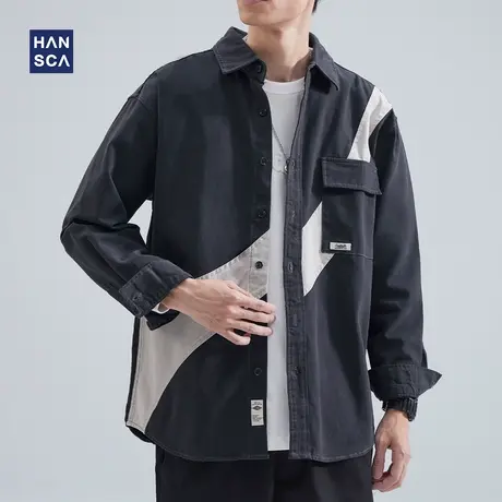 hansca秋季外套男衬衫2022新款撞色拼接休闲宽松长袖潮流百搭上衣商品大图