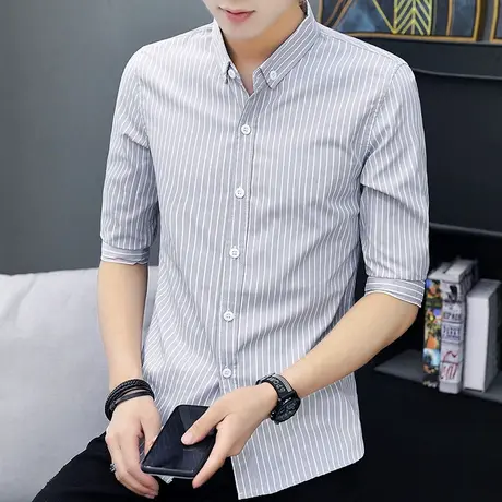 条纹七分袖衬衫男士春秋季商务休闲男装寸衫痞帅半袖内搭西装衬衣商品大图