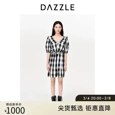 DAZZLE地素奥莱格纹短袖连衣裙春夏装新款法式复古格纹格子短裙女图片