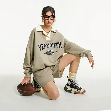 yep美式复古polo领卫衣女上衣春秋外套oversize套装五分运动裤潮商品大图