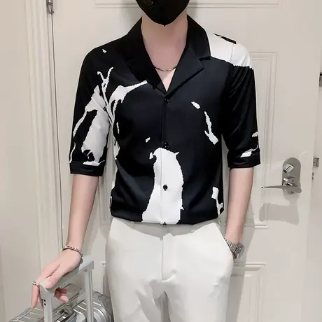 夏季衬衫男款七分袖潮牌韩版高级感痞帅气中袖衬衣古巴领夏装短袖商品大图