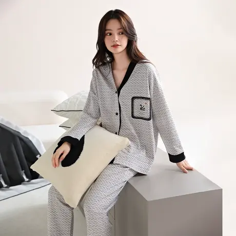 婷美长袖睡衣女秋冬款纯棉开衫V领韩系简约休闲两件套全棉家居服商品大图
