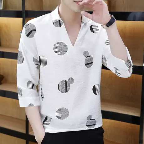 男士夏季花衬衫冰丝短袖T恤韩版v领印花宽松衬衣港风七分袖半袖潮图片