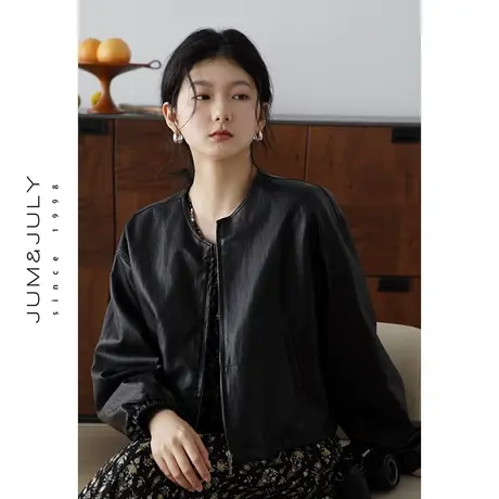 嘉茱莉2023秋季新款圆领皮衣外套女小个子短款宽松皮外套夹克上衣商品大图